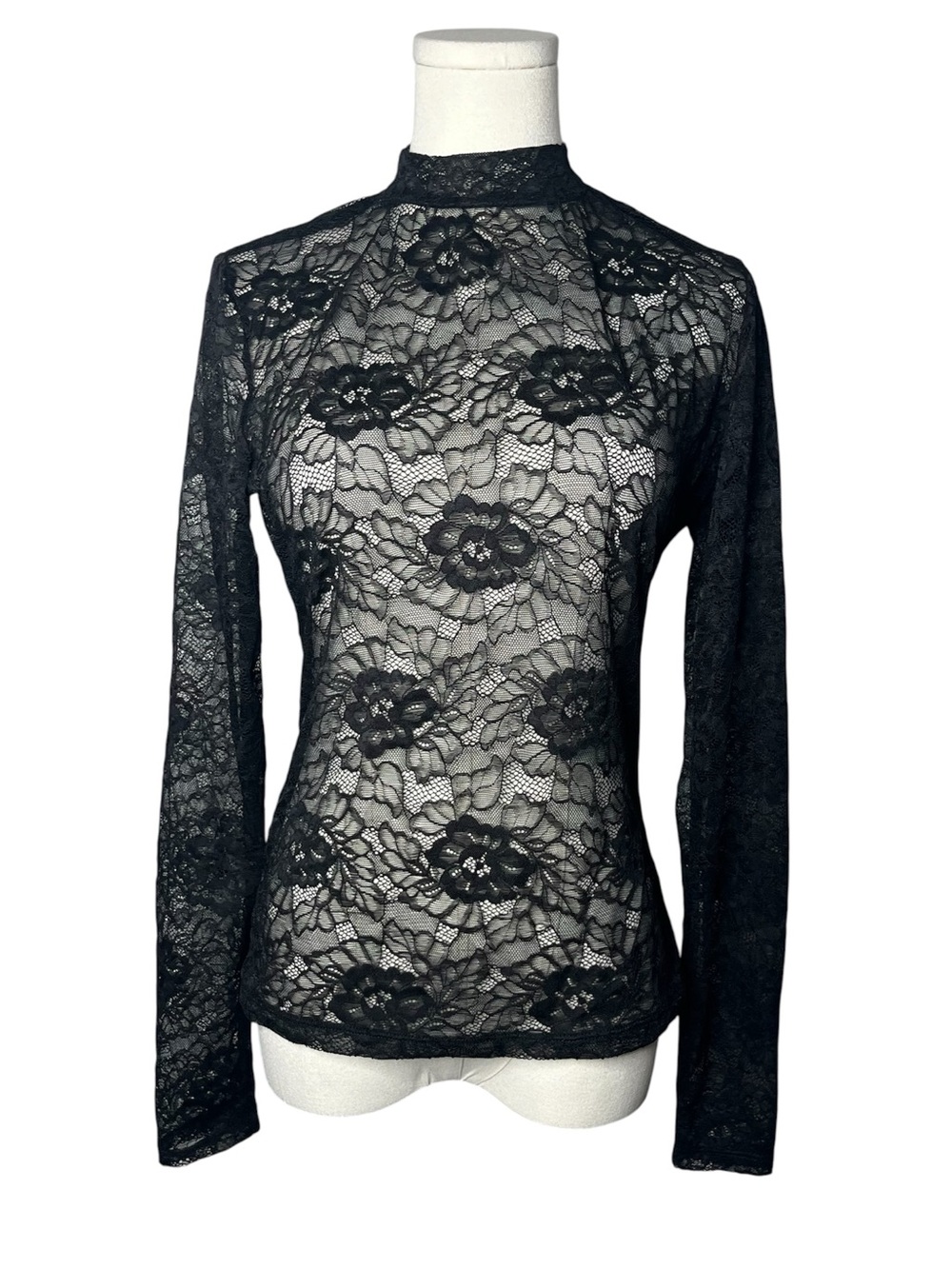 Reformation Black Sheer Floral Lace Bailey Knit Mock Neck Top Size Medium - Picture 2 of 9